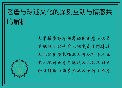 老詹与球迷文化的深刻互动与情感共鸣解析
