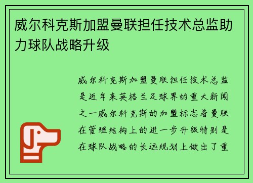 威尔科克斯加盟曼联担任技术总监助力球队战略升级 威尔科克斯加盟曼联担任技术总监助力球队战略升级