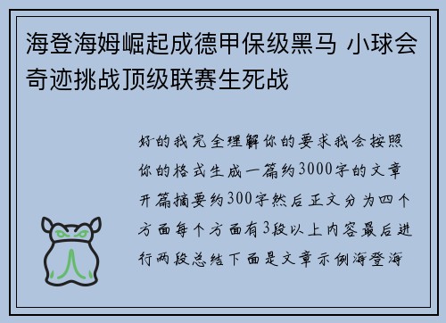 海登海姆崛起成德甲保级黑马 小球会奇迹挑战顶级联赛生死战