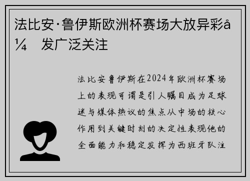 法比安·鲁伊斯欧洲杯赛场大放异彩引发广泛关注